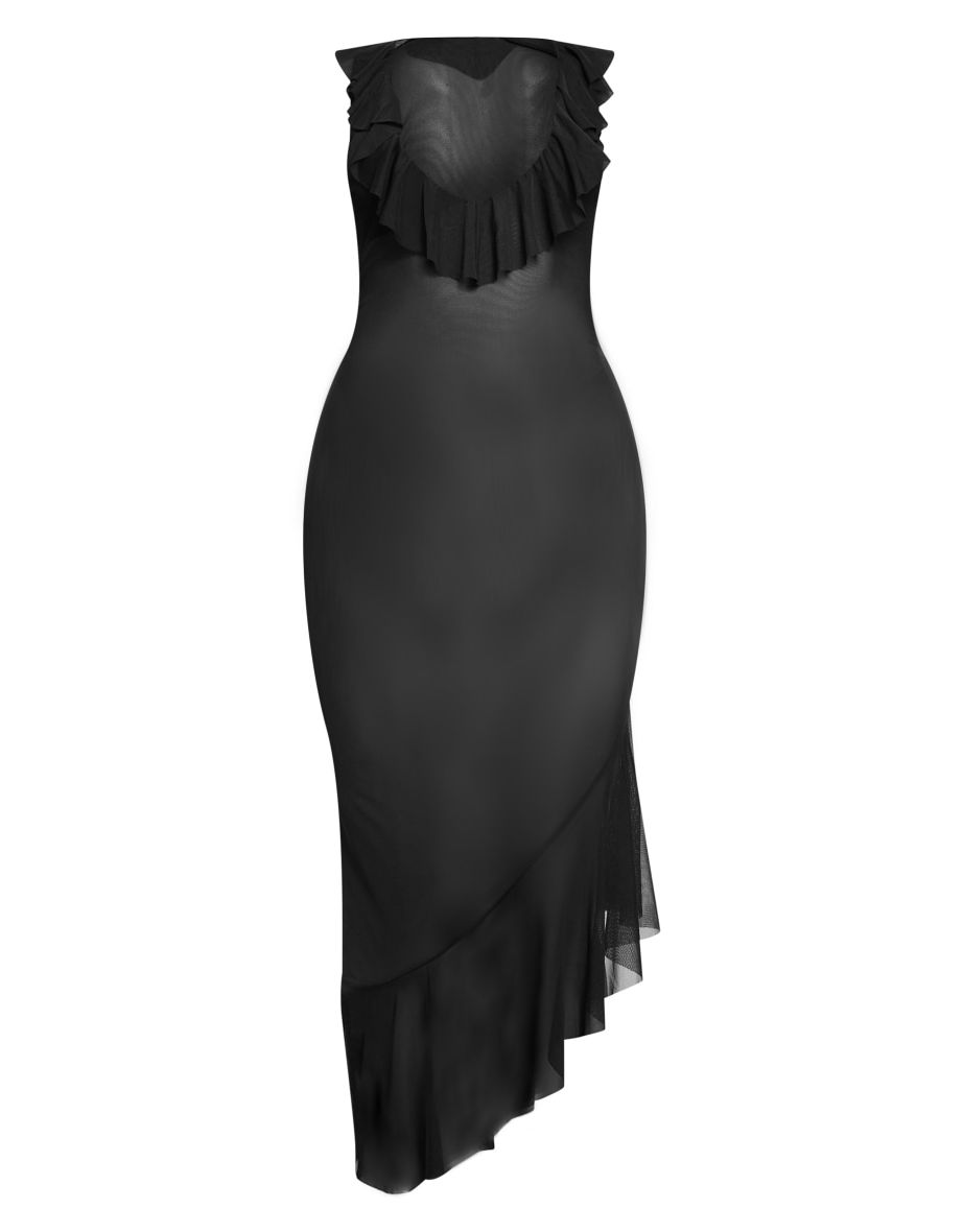 Black Mesh Plunge Ruffle Maxi Dress - 3