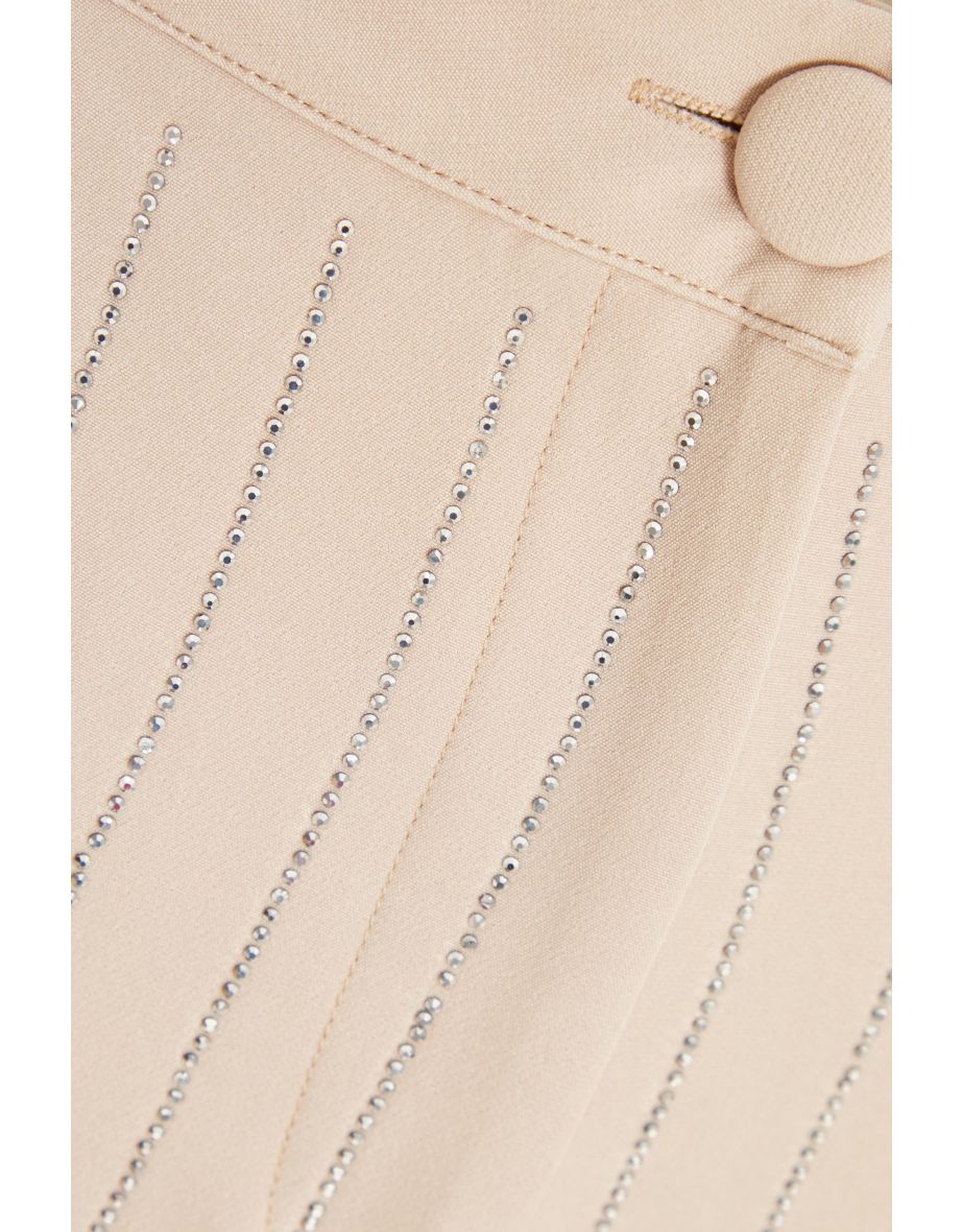 Beige Pinstripe Embellished Wide Leg Trousers - 5