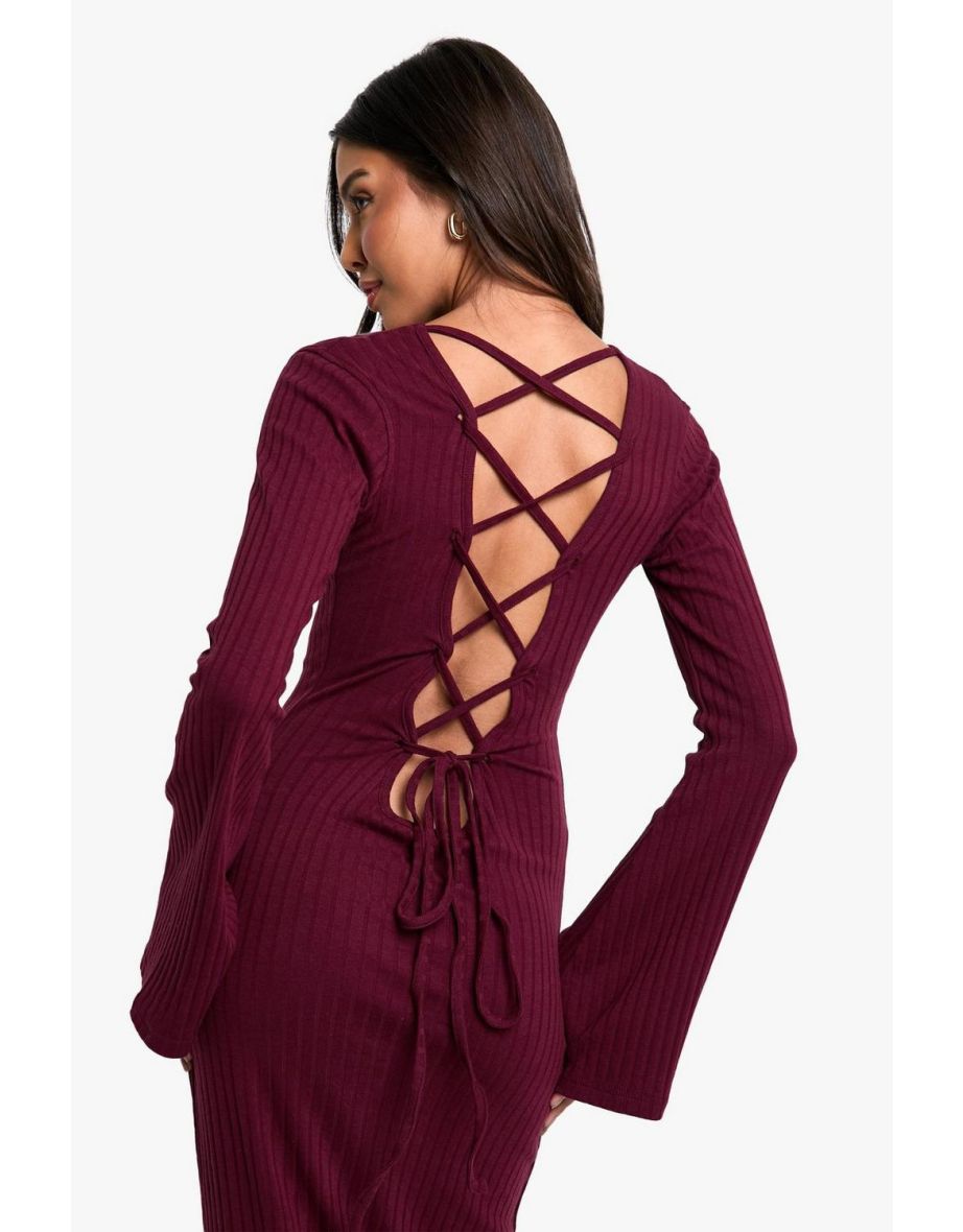 Wide Rib Tie Back Flare Sleeve Maxi Dress - 3