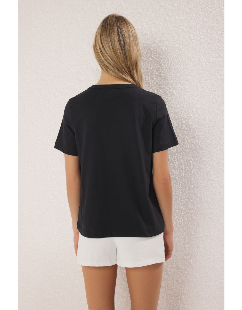 Black 100% Cotton Regular/Normal Pattern Knitted T-Shirt with Attached Collar Detail - 3