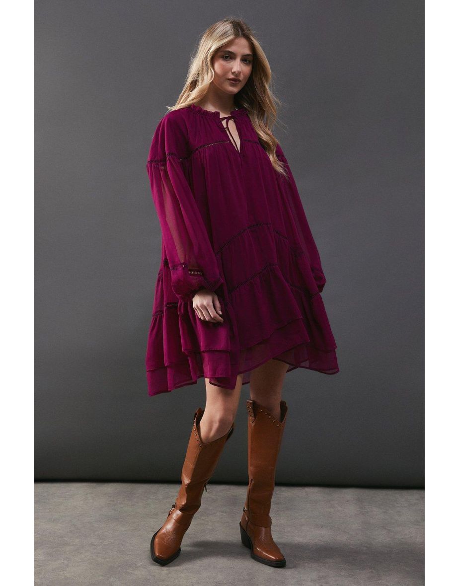 Chiffon Ladder Insert Ruffle Smock Mini Dress