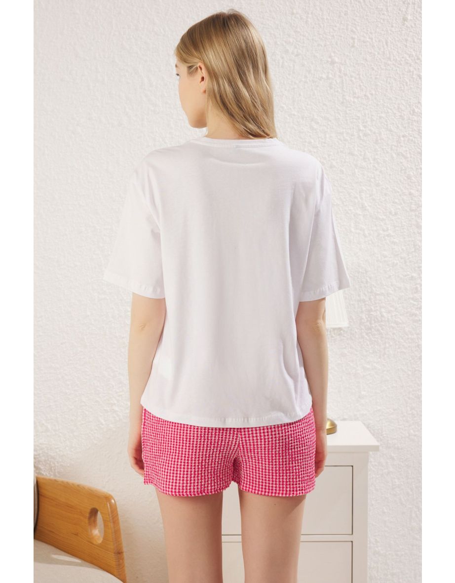White-Pink Checkered Shorts Top Knitted Bottom Woven Pajama Set - 6