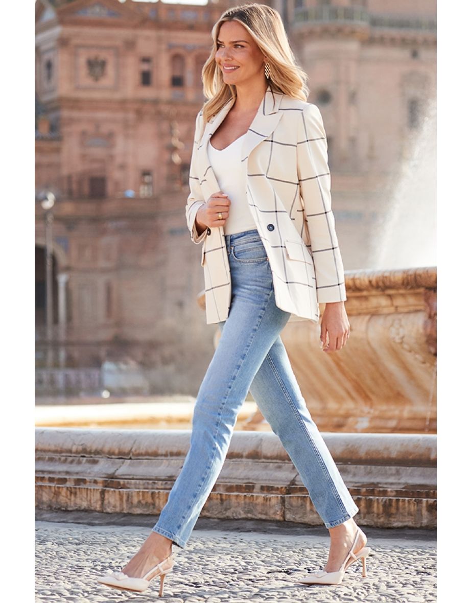 Ivory Check Double Breasted Longline Blazer