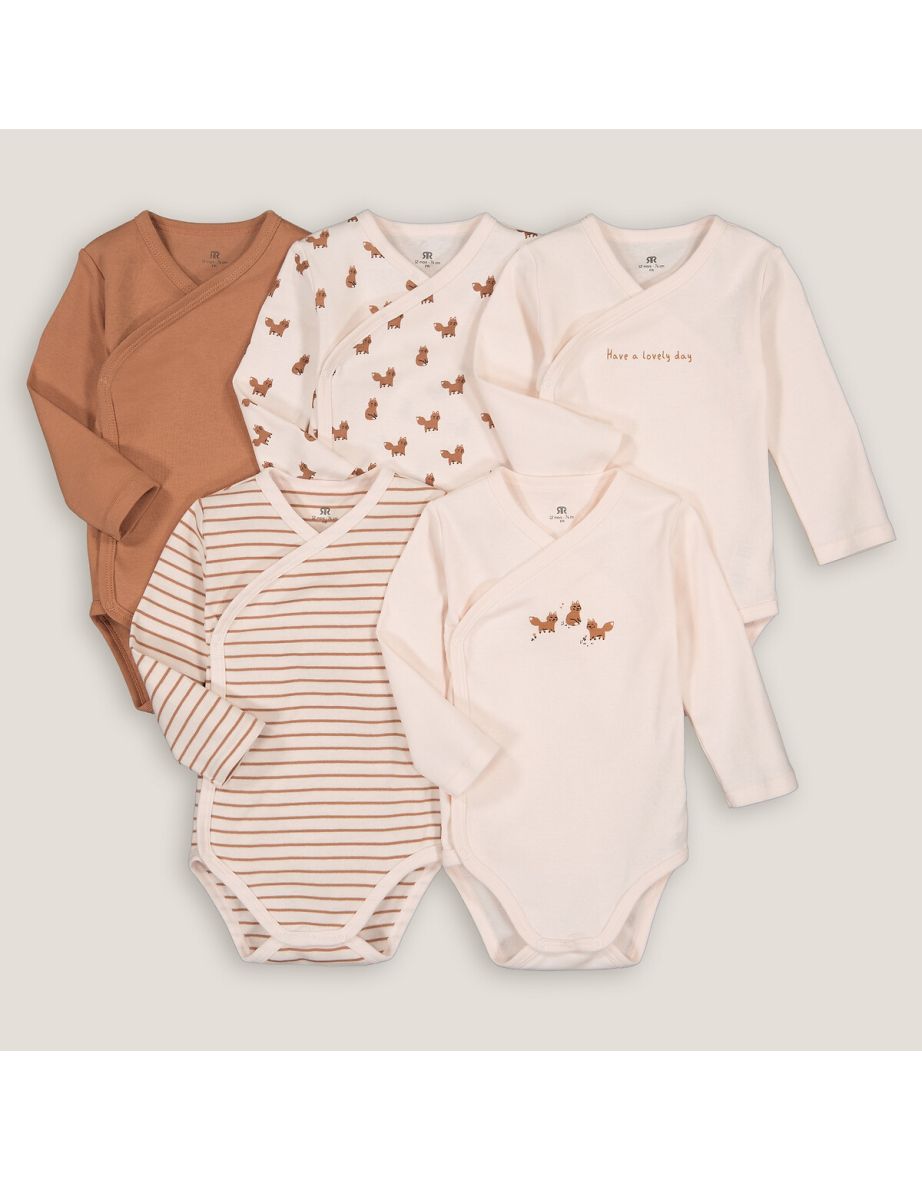 Pack of 5 Newborn Bodysuits in Cotton with Long Sleeves