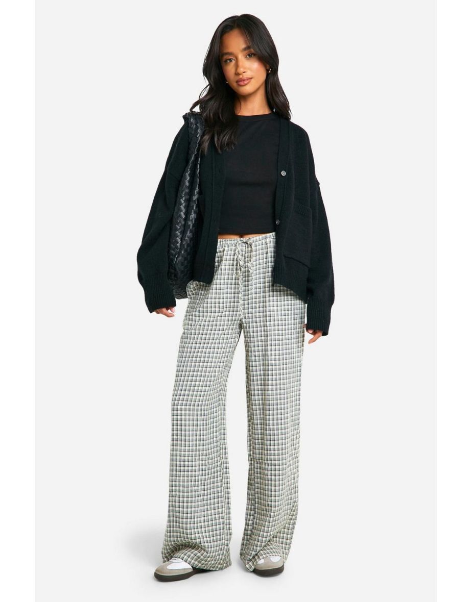 Petite Grid Check Drawstring Wide Leg Trouser - black