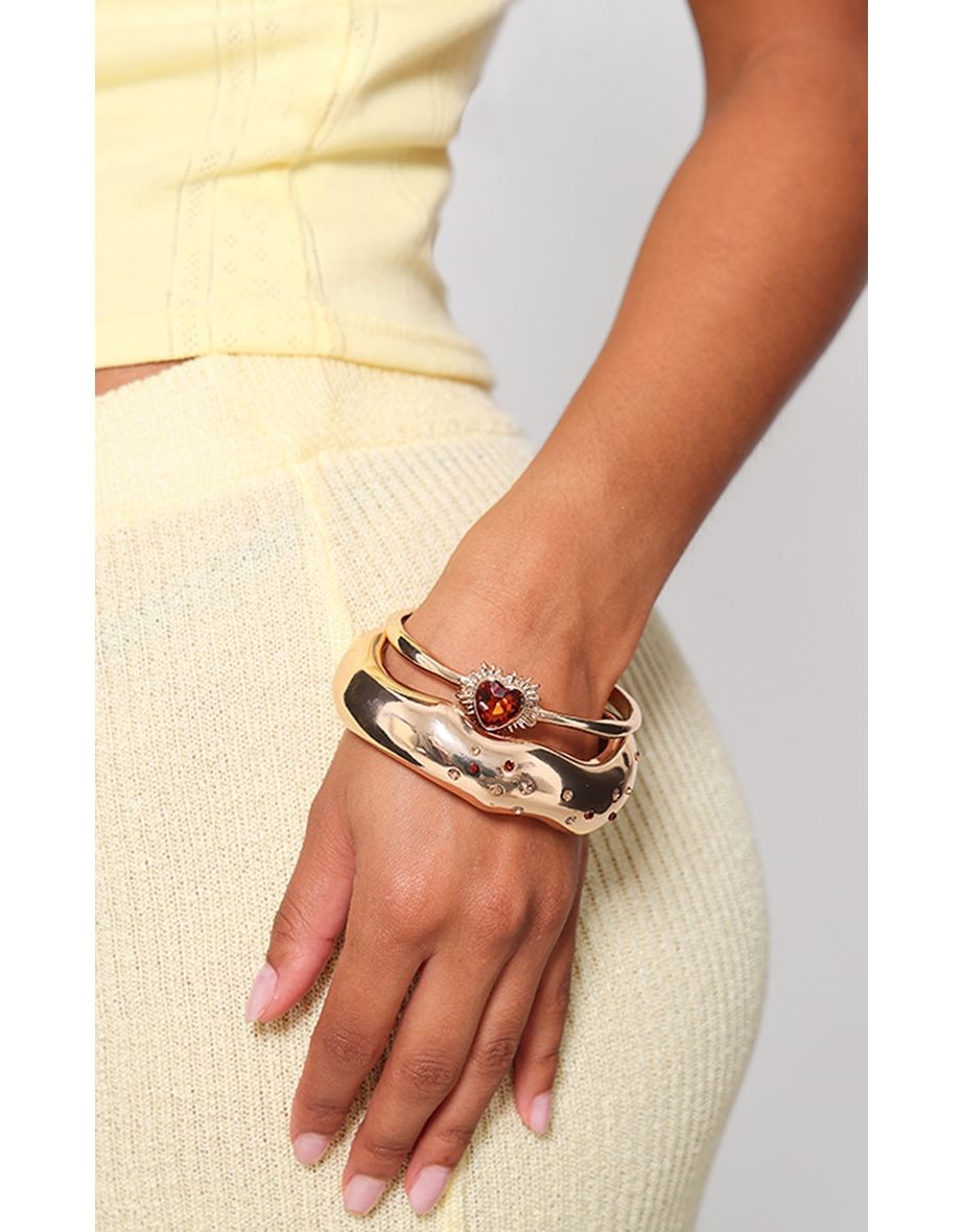 Gold Diamante Heart Detail 2 Pack Bangles