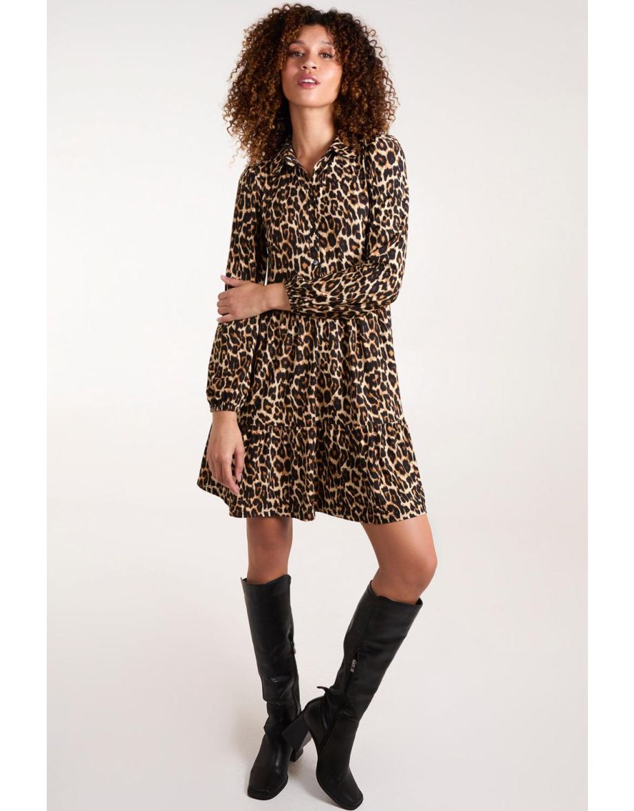 Leopard Print Button Front Smock Dress
