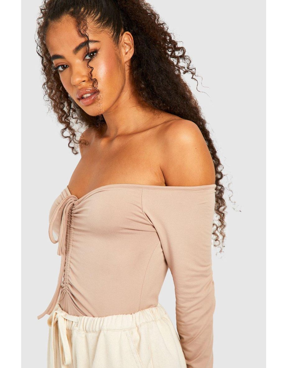 V Neck Long Sleeve Bardot Bodysuit - camel - 3