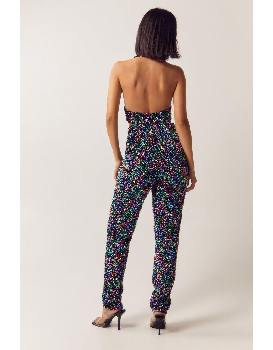 Neon Sequin Velvet Cut Out Halter Jumpsuit - 3