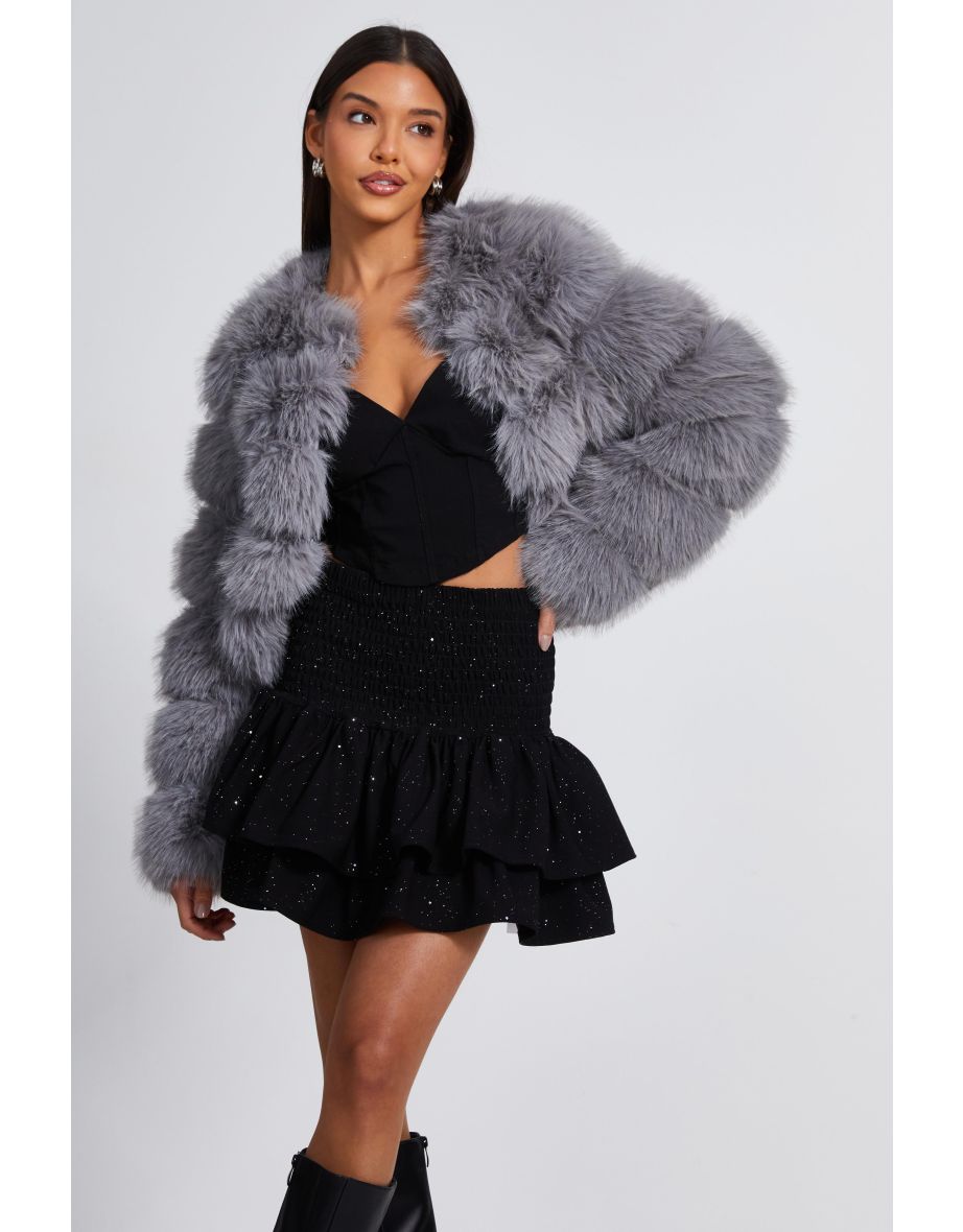 Black Glitter Shirred Waist Skirt