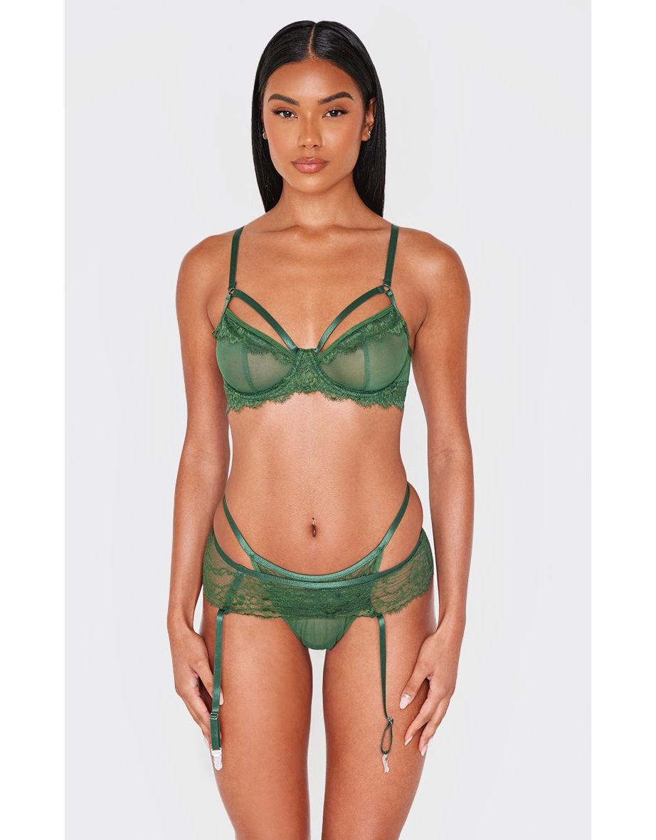 Emerald Green Lace 3 Piece Lingerie Set