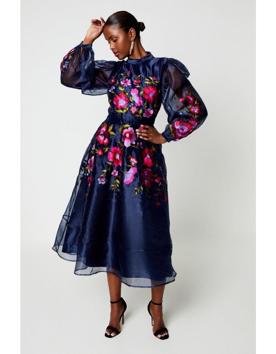 Shop Premium Floral Embroidered Organza Midi Dress Online in Bahrain VogaCloset