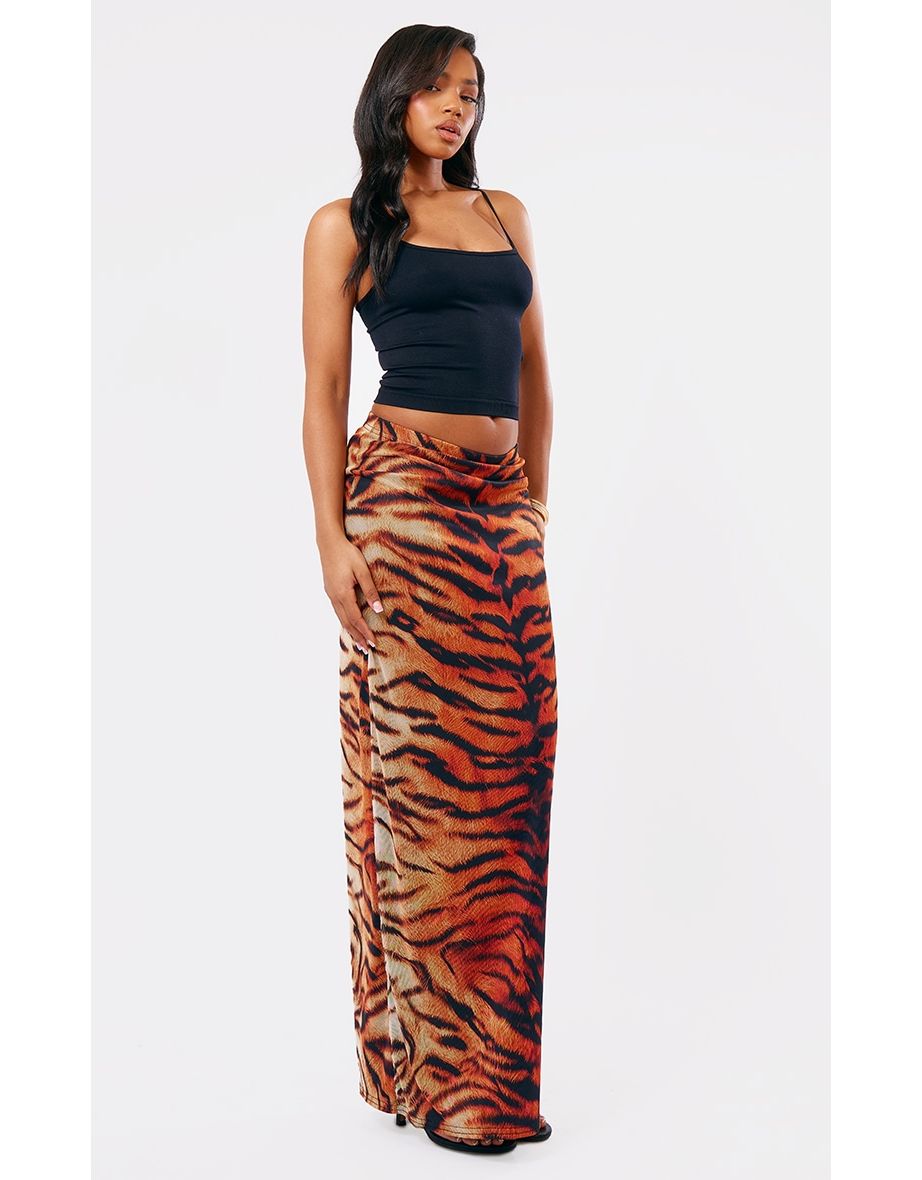 Tiger Printed Lined Mesh Maxi Skirt