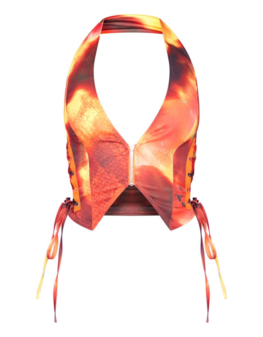 Brown Tie Dye Print Cargo Lace Up Side Zip Up Crop Top - 4