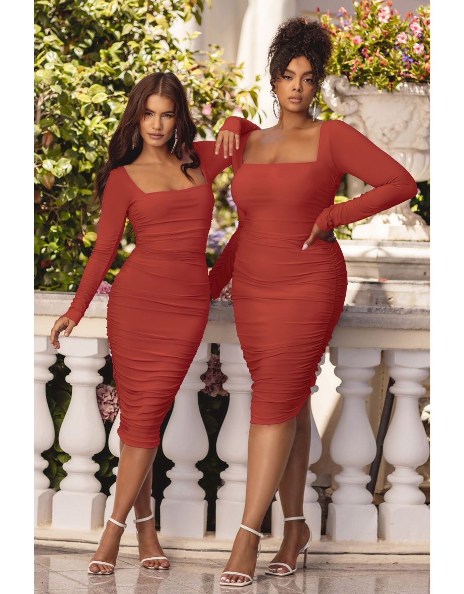 Seductress | Rust Long Sleeve Square Neck Ruched Midi Dress - 5