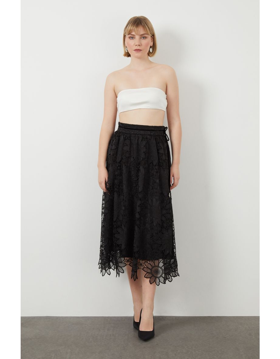 High-Waisted Lace Black Midaxi Skirt