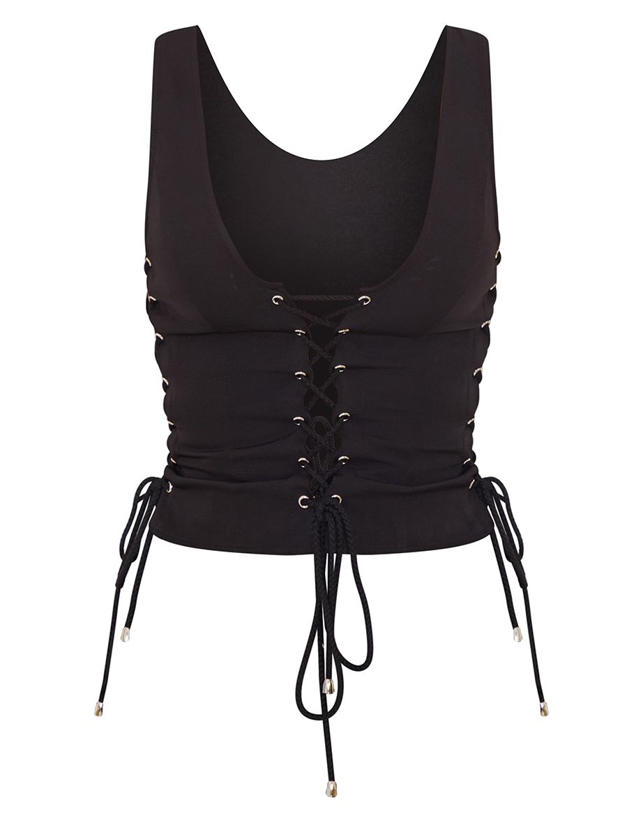Black Woven Lace Up Detail Plunge Sleeveless Top - 3