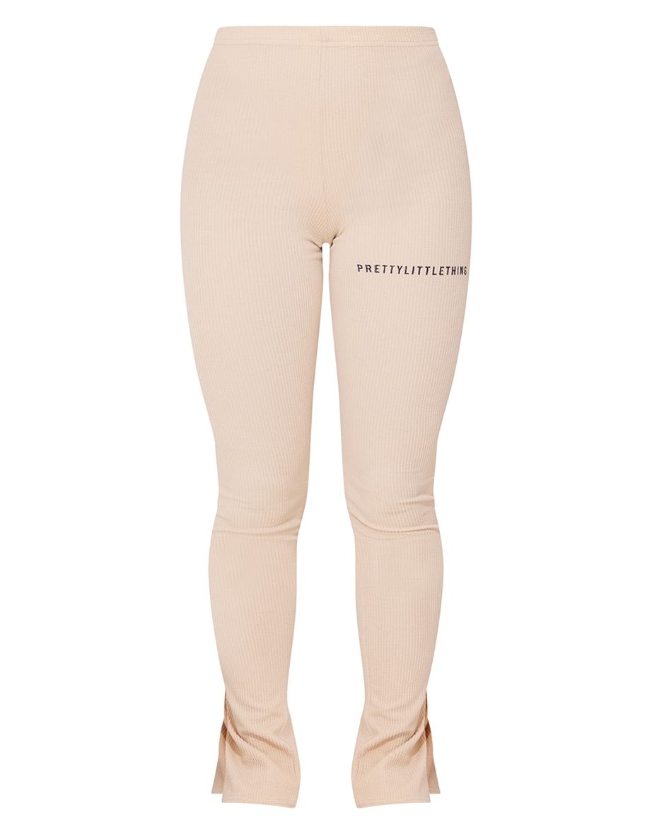 PRETTYLITTLETHING Stone Crinkle Rib Split Hem Leggings - 4