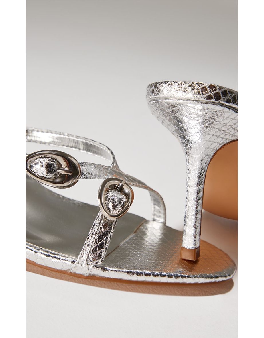 Silver Croc PU Round Toe Buckle Cross Strap Detail High Stiletto Heeled Mules - 3