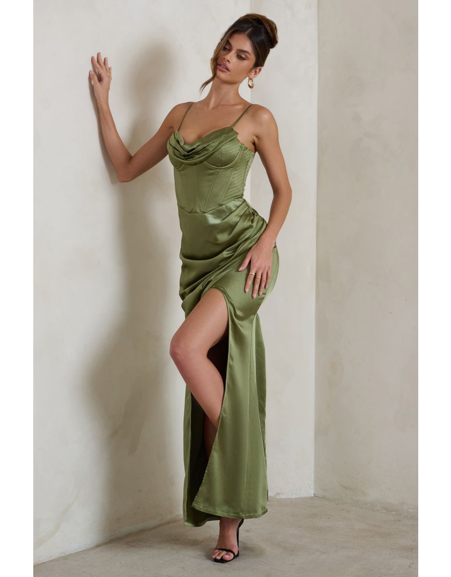 Starlight | Olive Green Cowl Corset Satin Wrap Maxi Dress