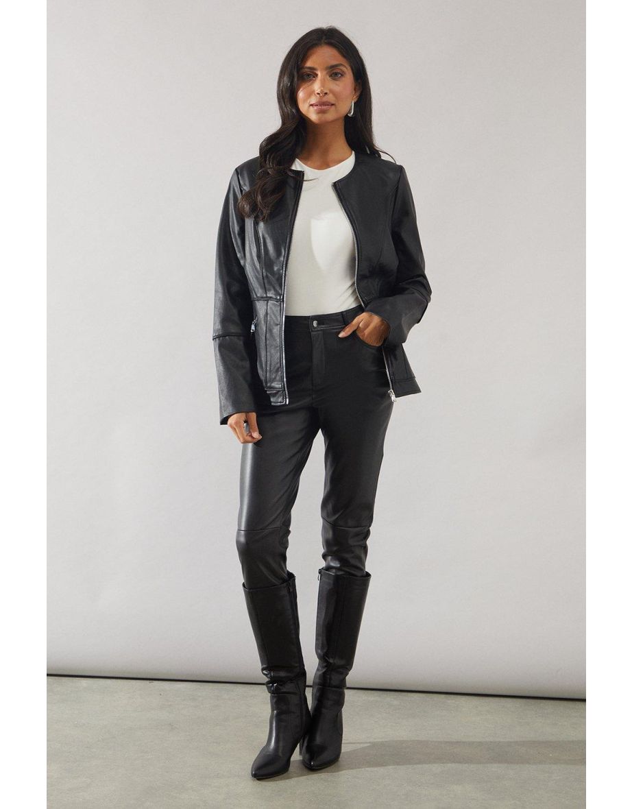 Black Faux Leather Collarless Seam Detail Jacket