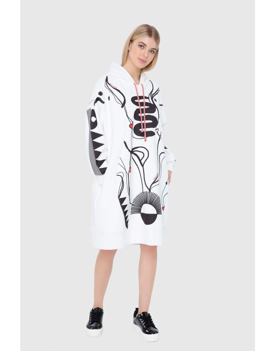 Oversized Patterned Hooded White Scuba Dress