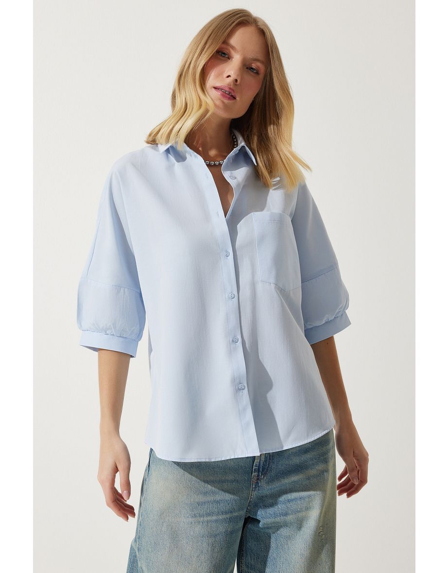 Women's Sky Blue Balloon Sleeve Poplin Shirt