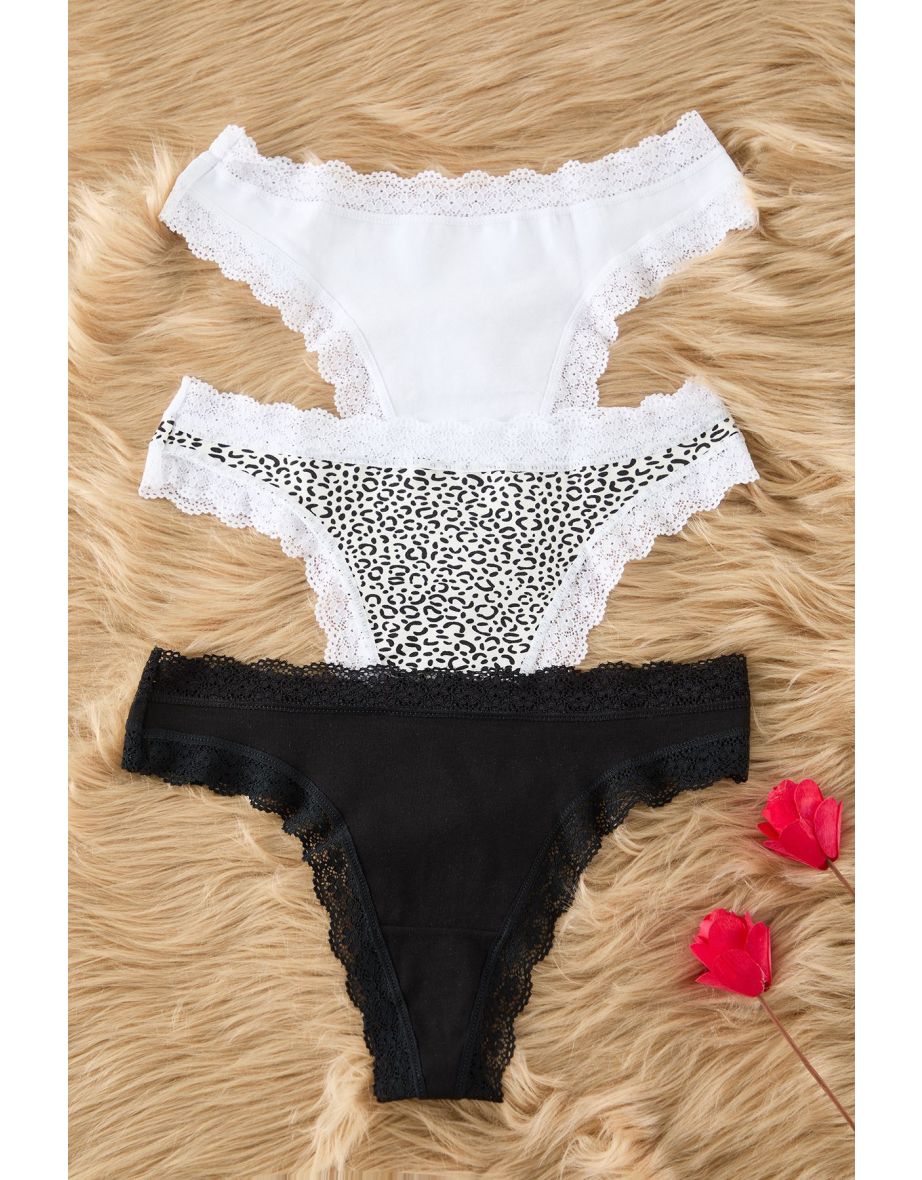 3-Pack Black-Multicolor Cotton Lace Detail Thong Knitted Briefs - 4