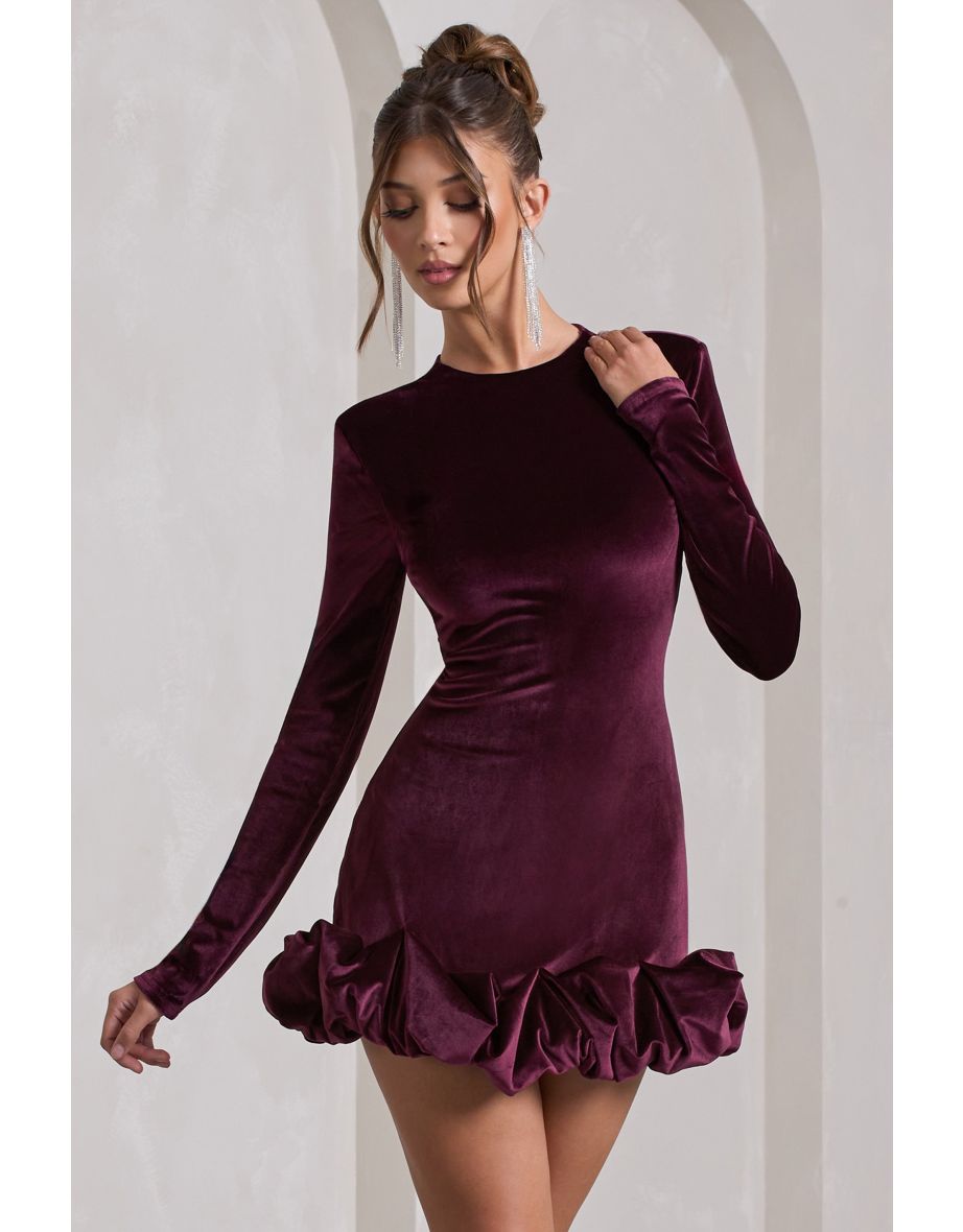 Claudine | Port Velvet High-Neck Long-Sleeved Ruffled Mini Dress