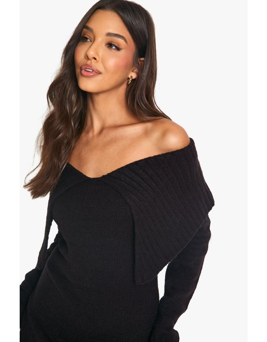 Soft Knit Oversized Collar Off The Shoulder Jumper Dress - black - 3