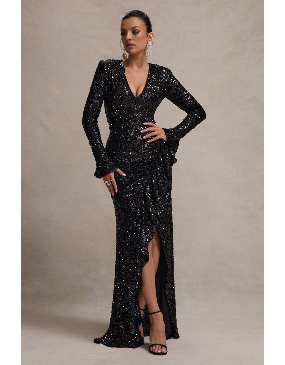 Wild Dream | Black Sequin Plunge-Neck Ruffle Split Floor Length Dress