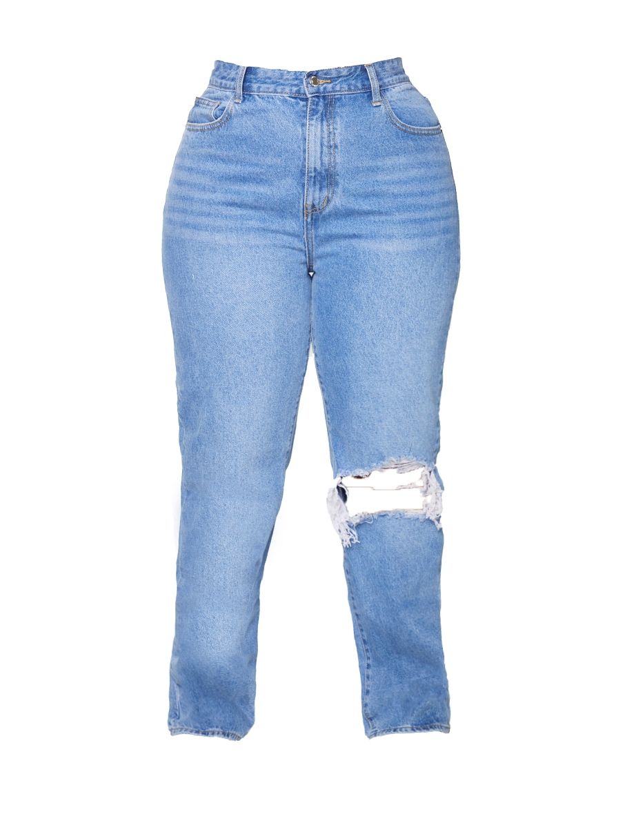 Plus Light Blue Wash Open Knee Long Leg Straight Leg Jeans - 4