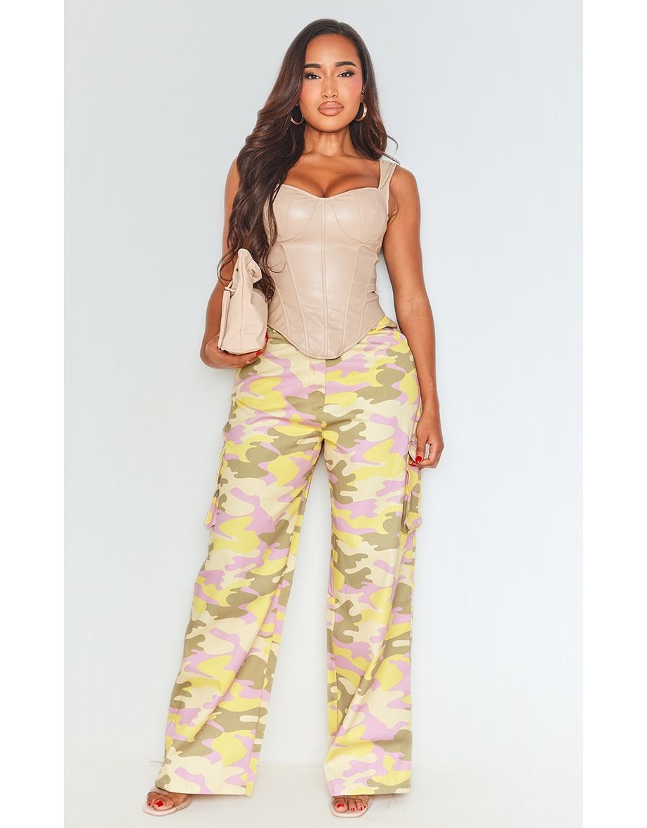 Shape Green Abstract Camo Print Pocket Detail Wide Leg Cargo Trousers