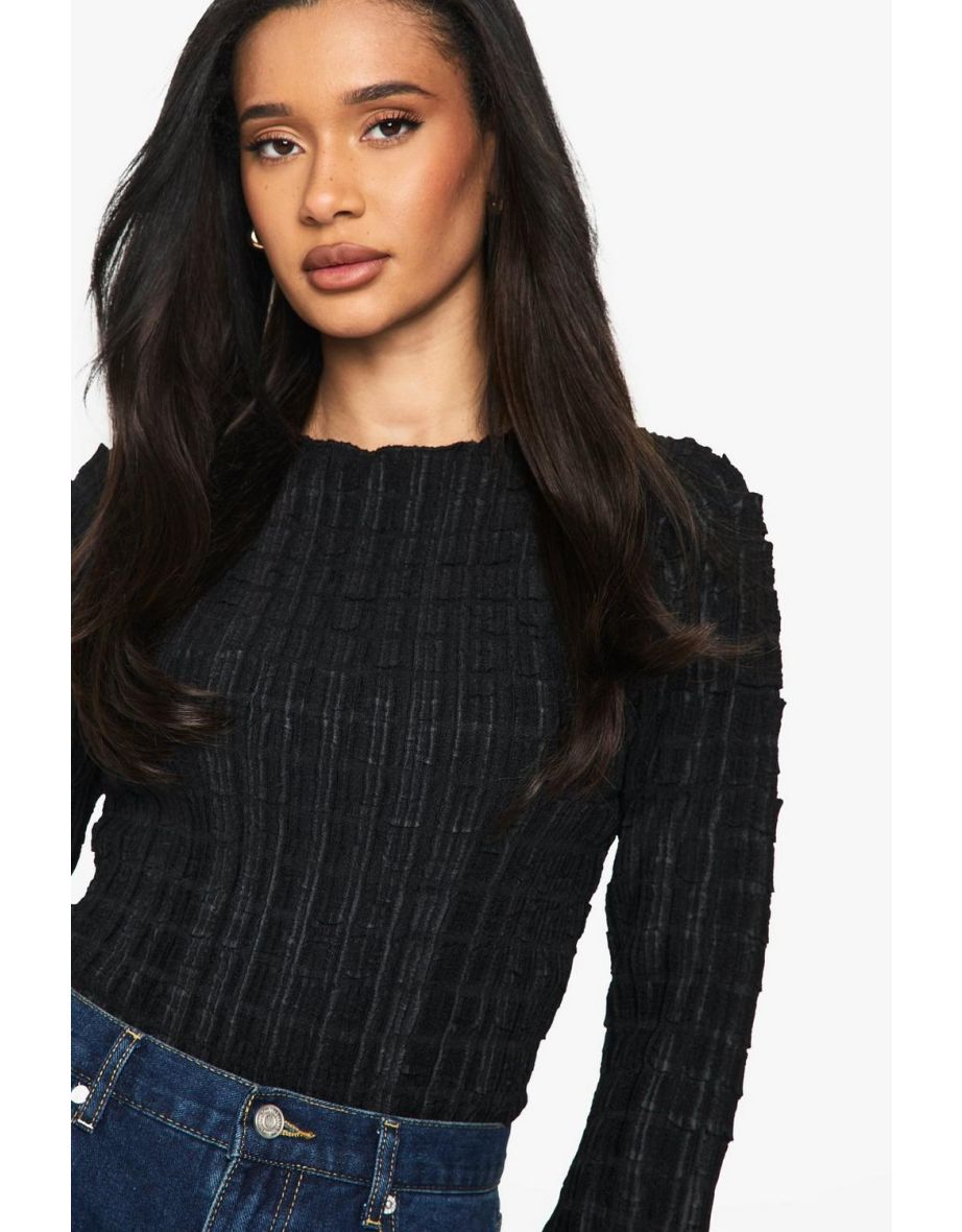 Textured Long Sleeve Flared Sleeve Bodysuit - black - 3