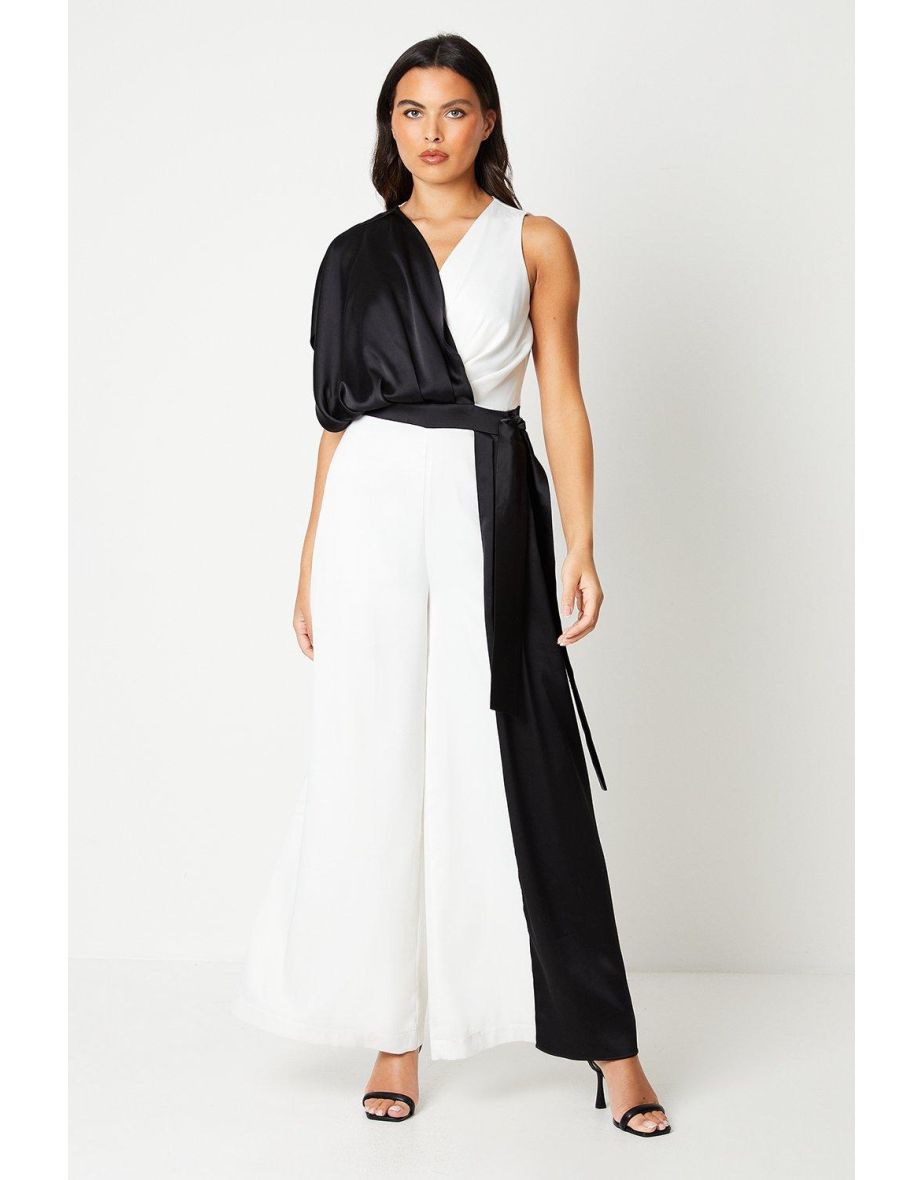 Colour Block Wrap Waist Satin Jumpsuit