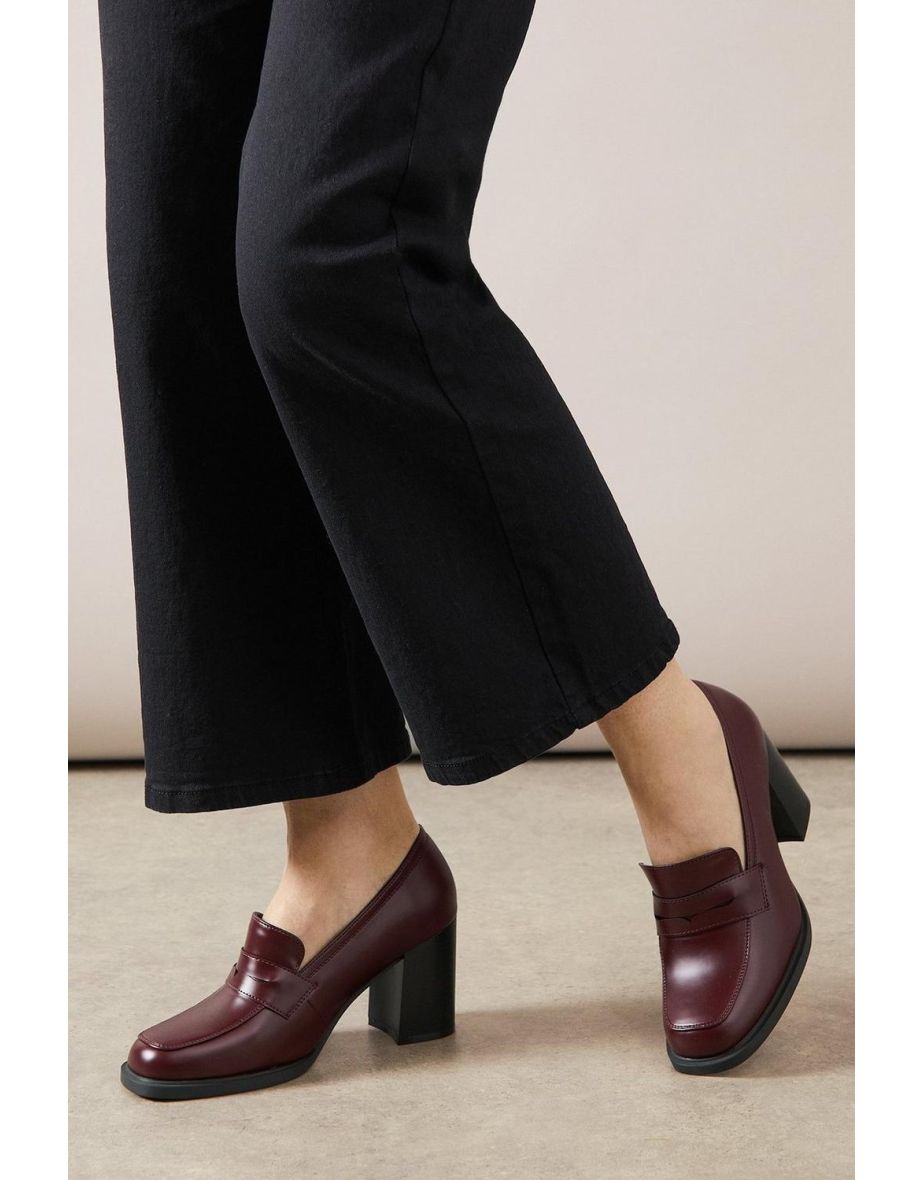 Daphne Faux Leather High Block Heel Penny Loafers