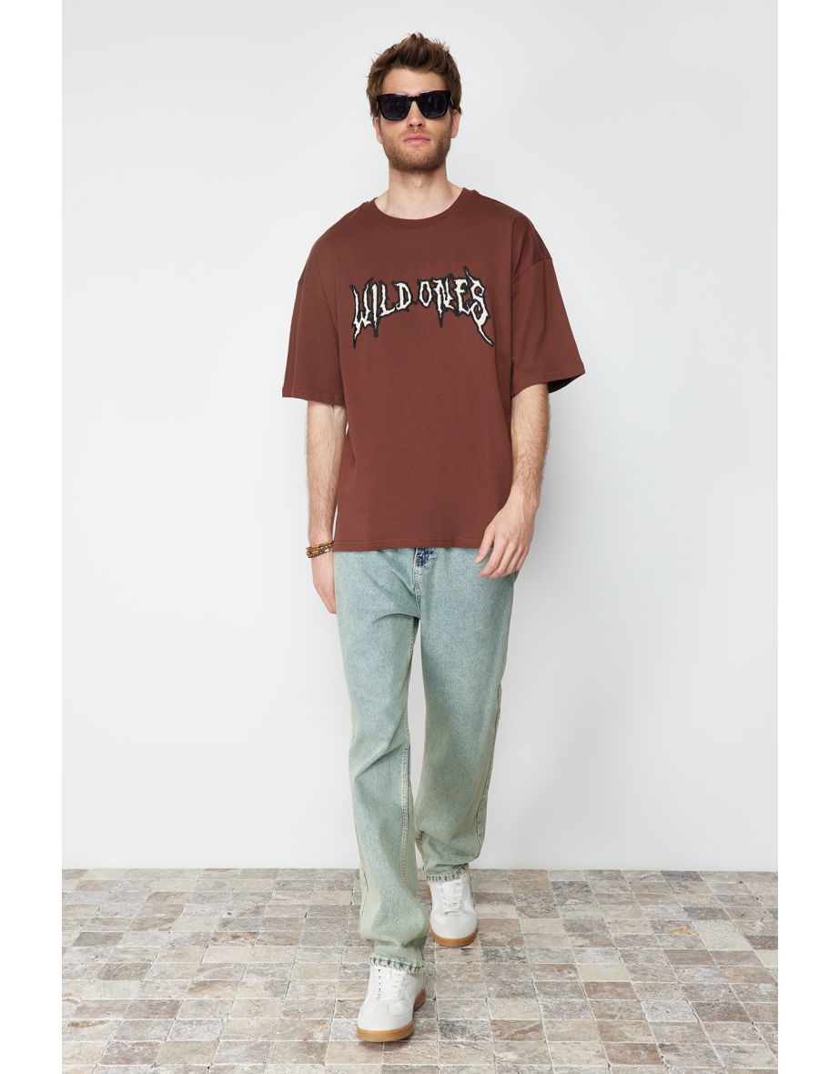 Brown Men's Oversize Custom Embroidered 100% Cotton T-Shirt