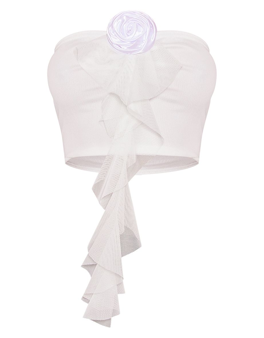 White Mesh Floral Applique Frill Bandeau Crop Top - 4