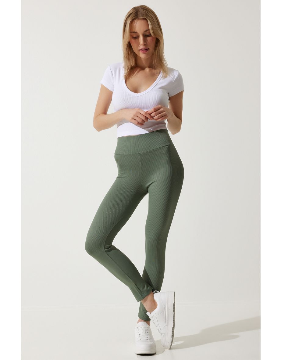 Women's Dark Green High Waist Ribbed Knitted Leggings - 3