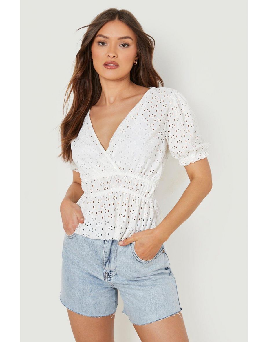 Jersey Broderie Anglais Wrap Frill Top - white