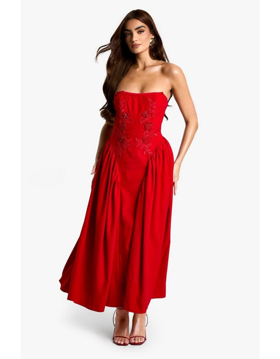 Embellished Woven Crepe Midaxi Skater Dress - red