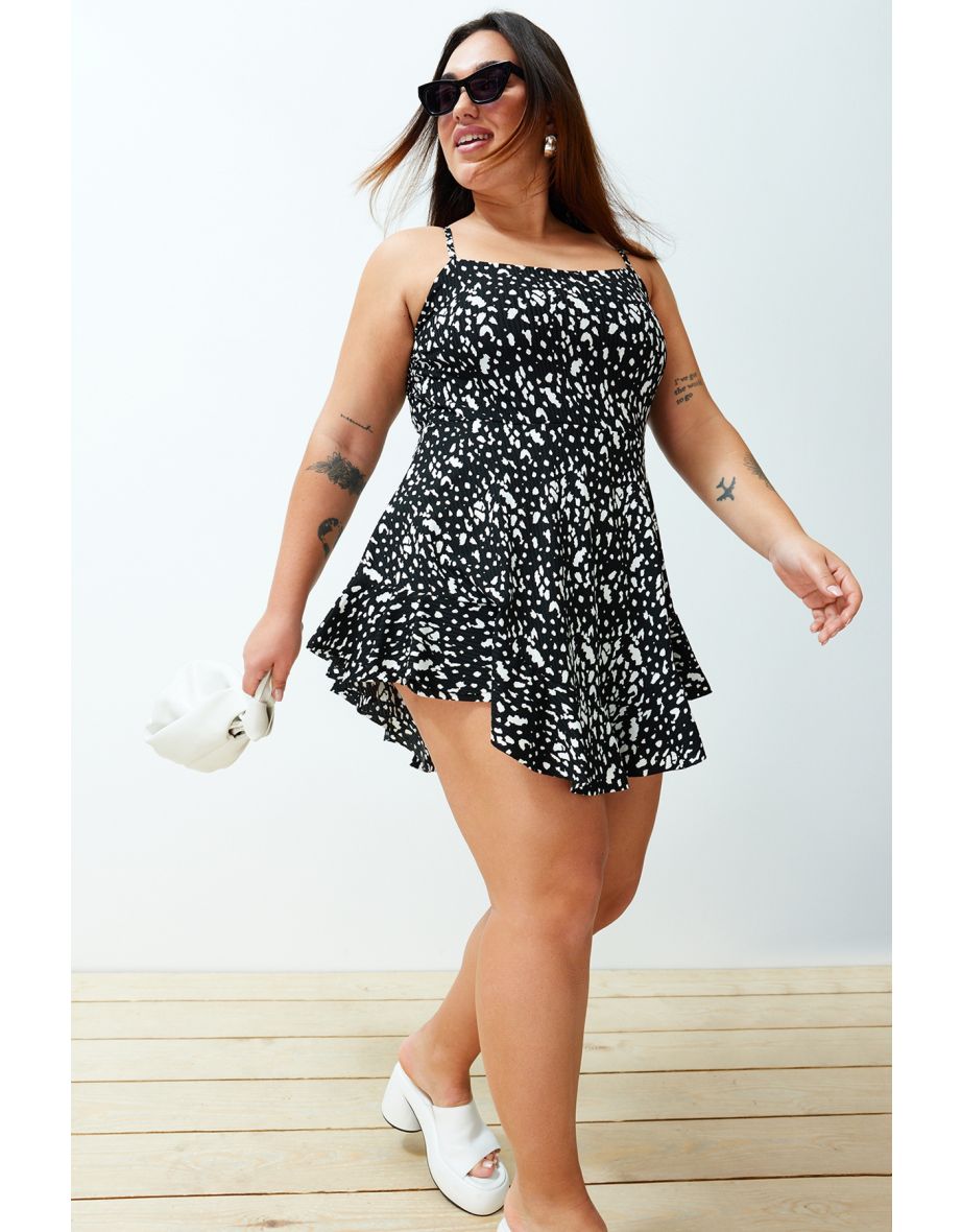 Black Strappy Flounce Mini Knitted Jumpsuit with Shorts