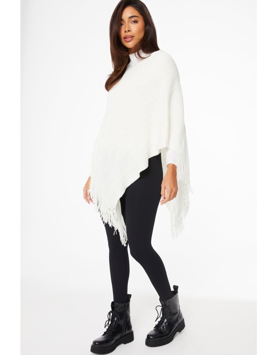 Cream Sequin Fine Knit Poncho - 3