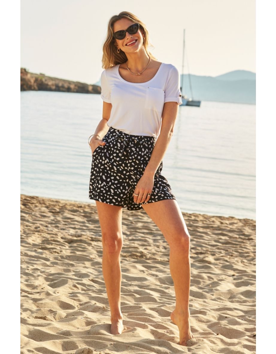 Black & White Fleck Print Belted Shorts