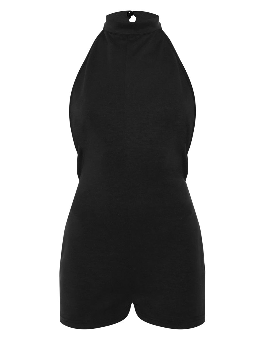 Black Premium Soft Touch Backless Halter Neck Unitard - 4