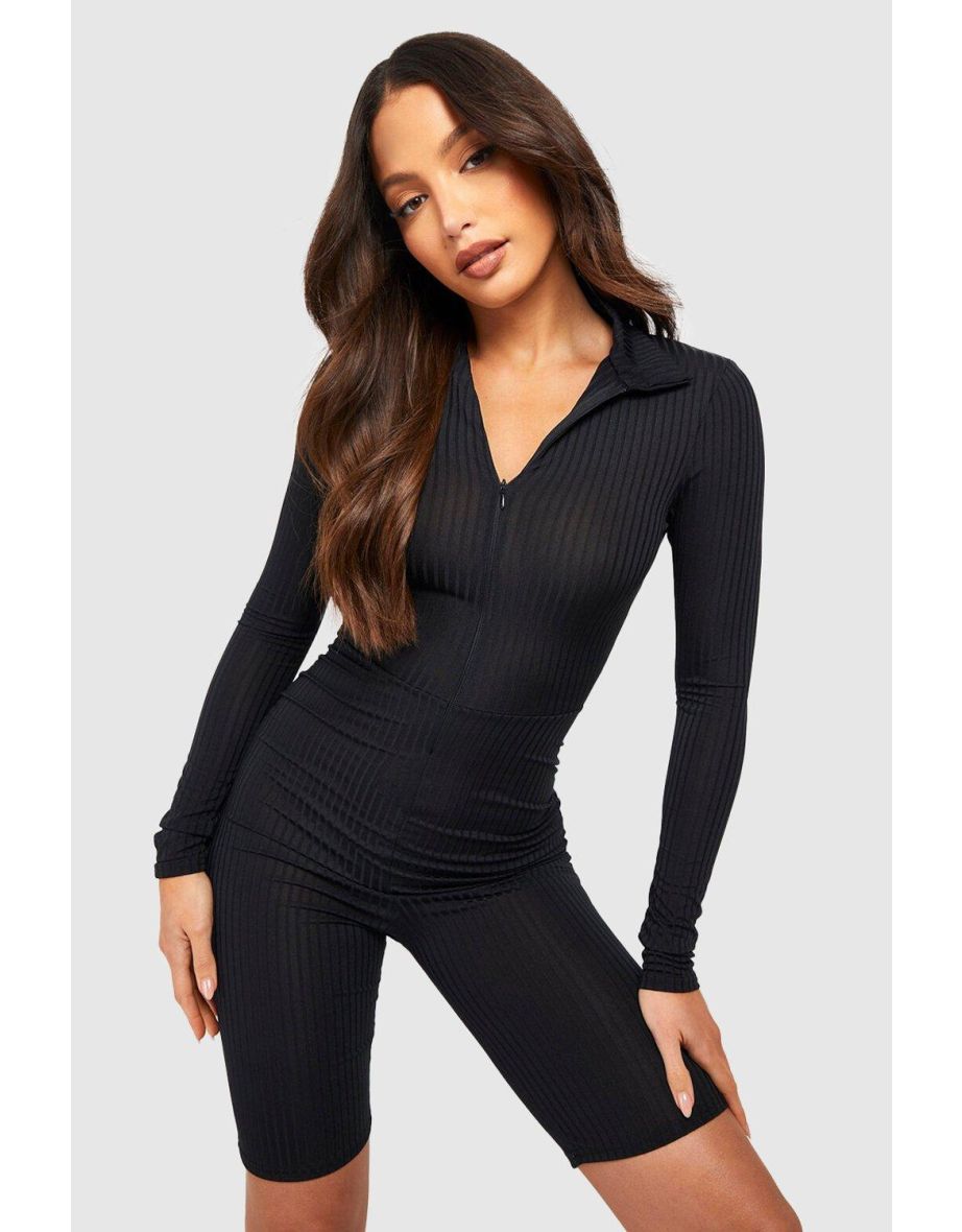 Shop Tall Rib Zip Collar Longsleeve Short Unitard black Online in Bahrain VogaCloset