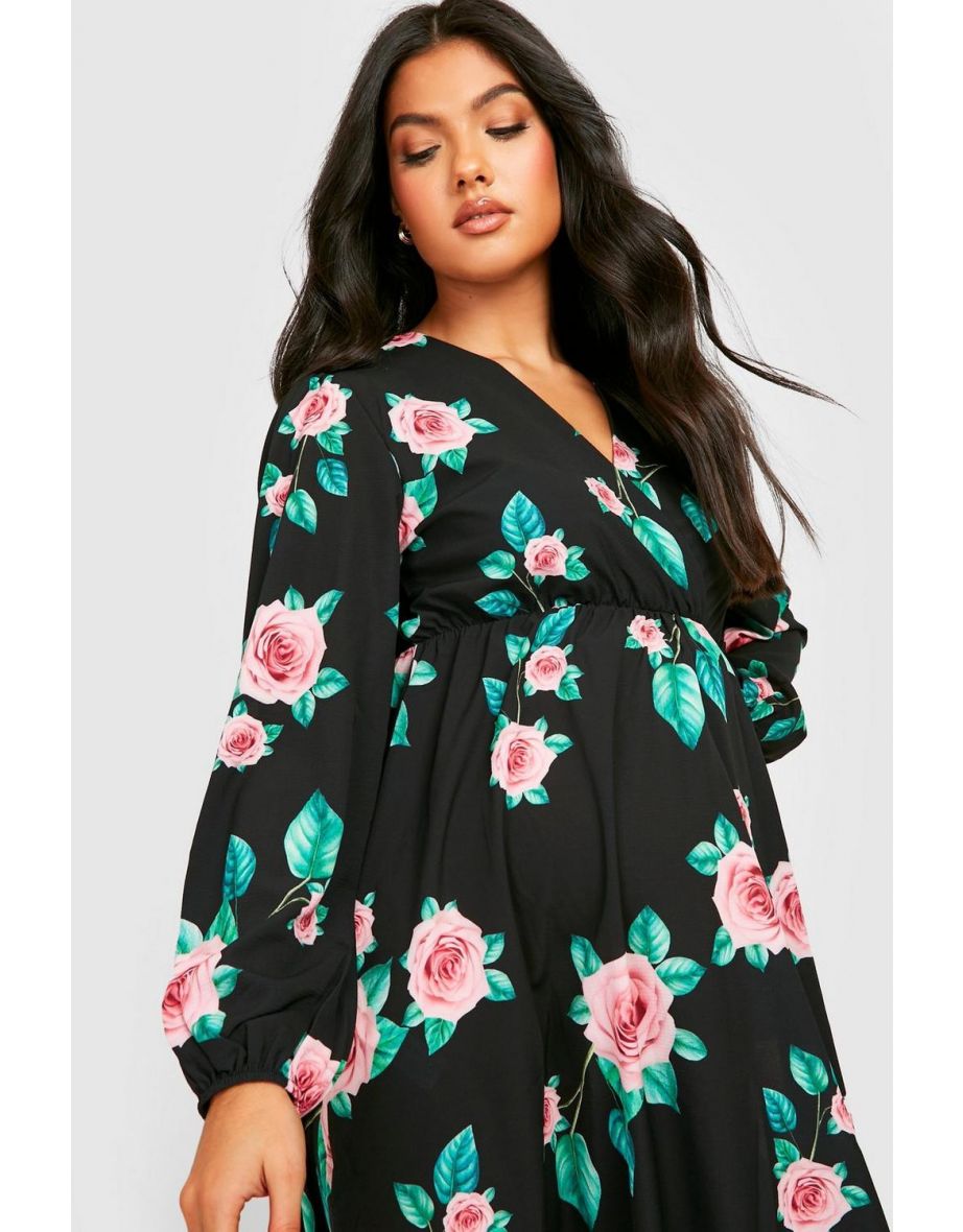 Maternity Floral Wrap Midi Dress - black - 3