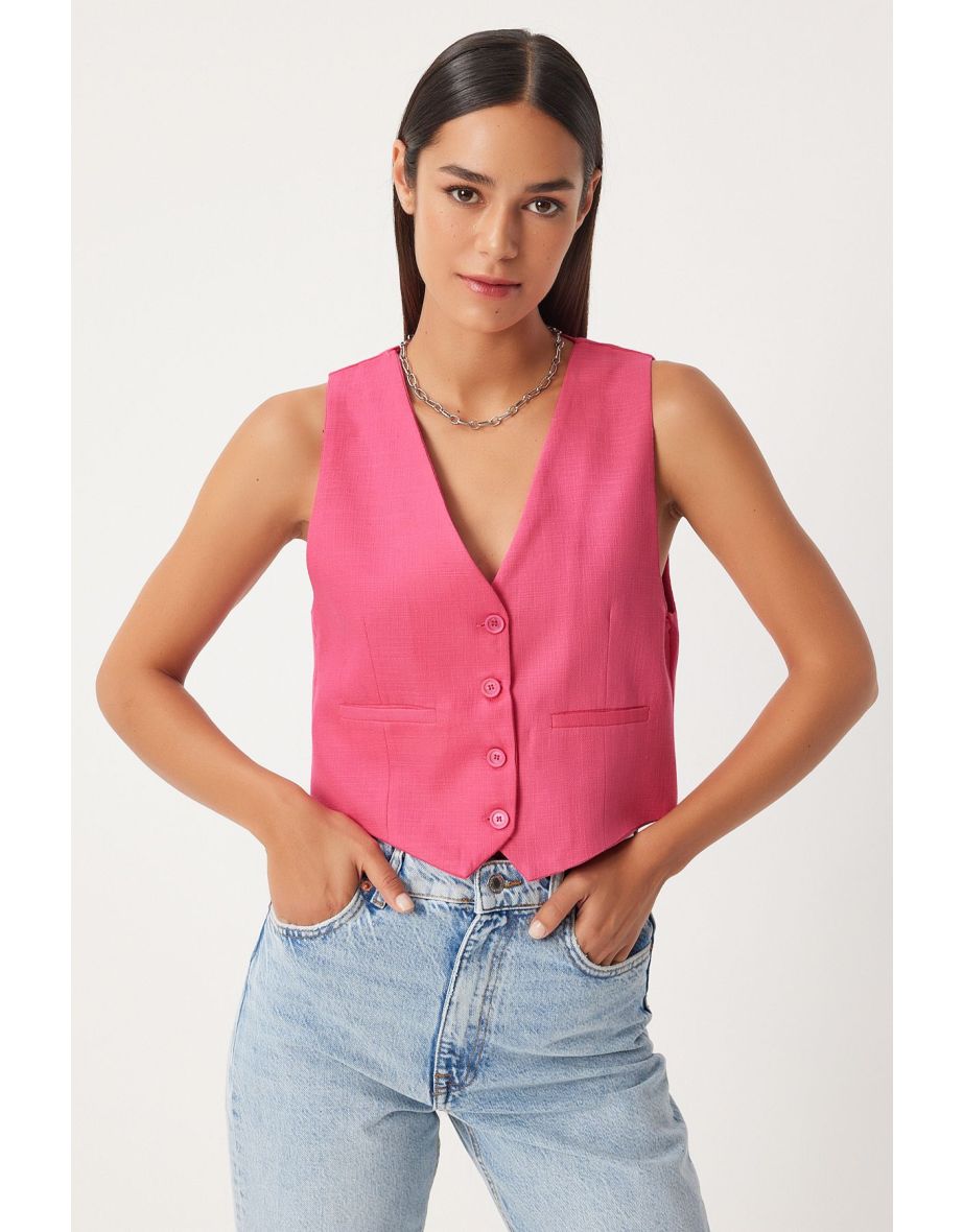 Women's Dark Pink Linen Short Waistcoat
