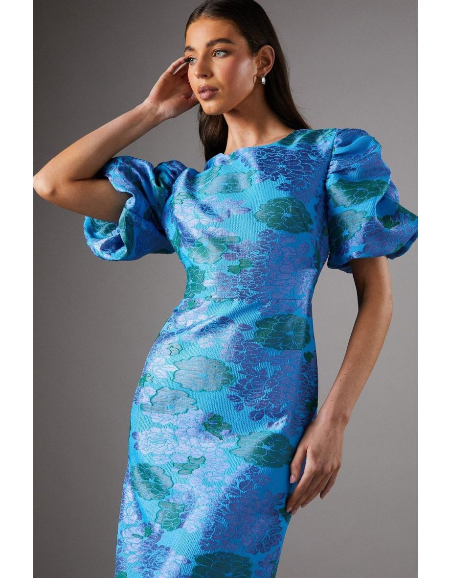 Blue Floral Puff Sleeve Midi Dress - 3