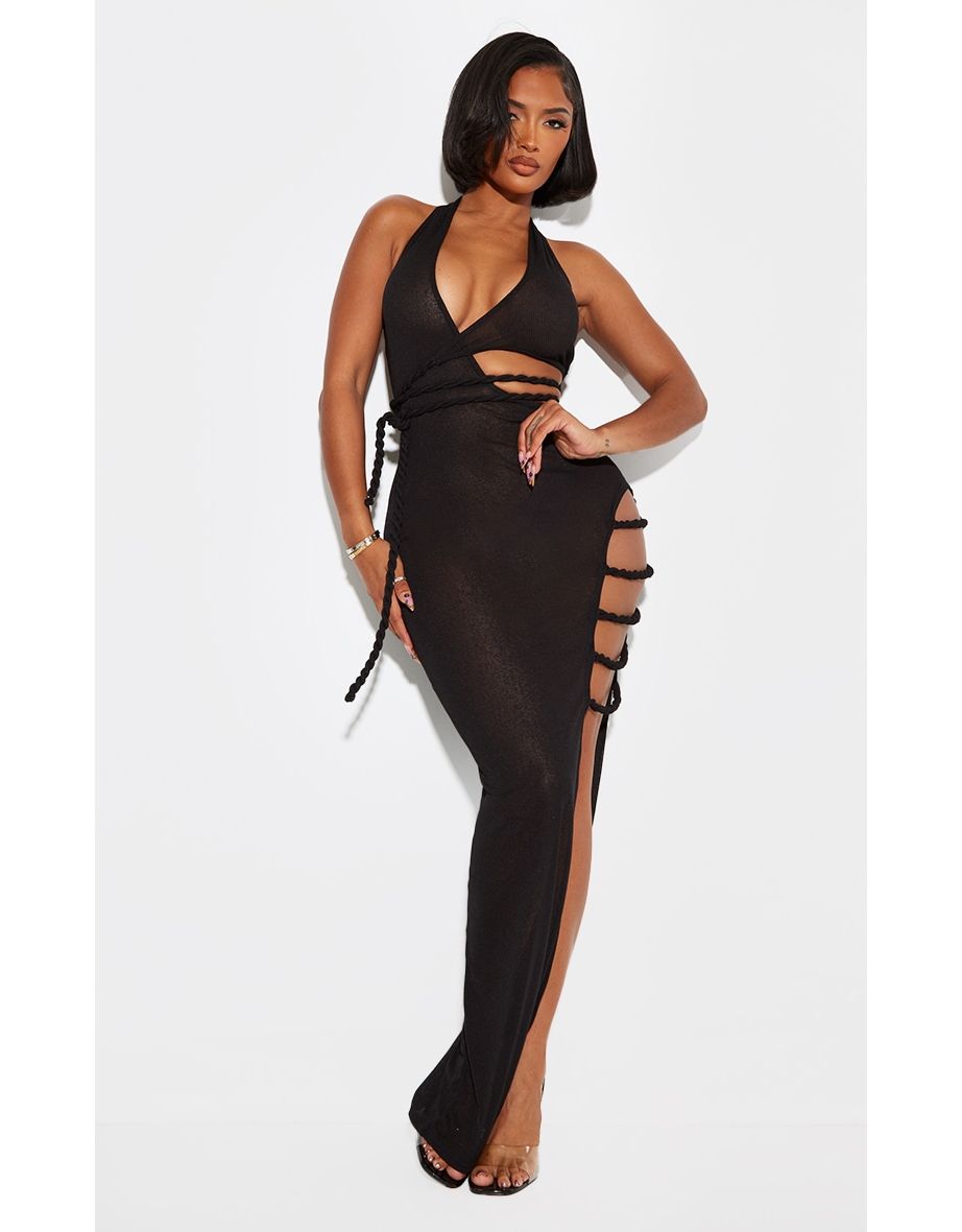 Shape Black Sheer Mesh One Shoulder Twist Cutout Detail Maxi Dress